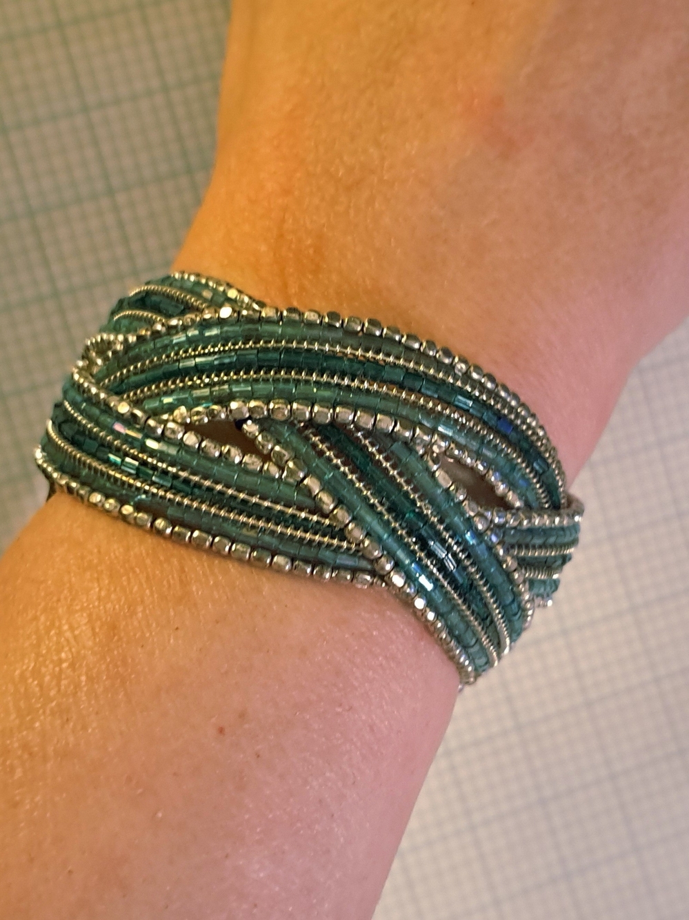 Beaded Braided Cuff Bracelet in Teal and Silver